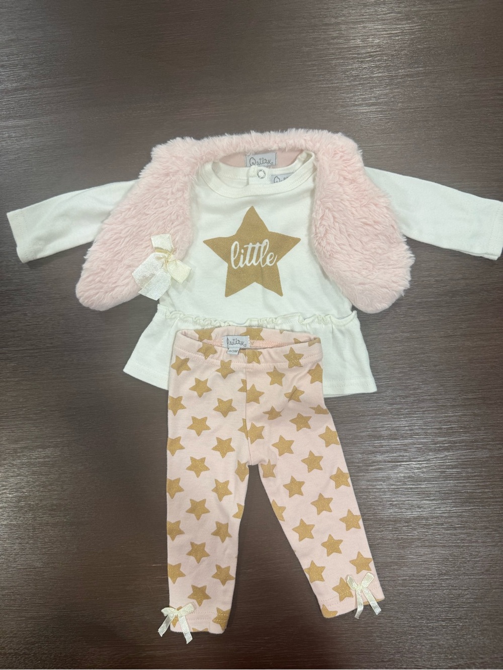 Baby Girls Cream Top, Pink faux fur vest & Pink Star Leggings  3-piece Set